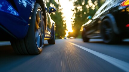 Dynamic view of two cars racing down a sunlit road with blurred motion effect emphasizing speed : Generative AI
