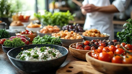 Obraz premium Chef prepares vibrant buffet of fresh food
