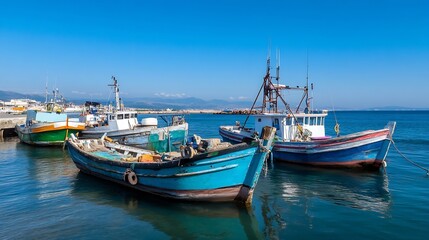 Fototapeta premium Colorful Fishing Boats Docked at a Busy Harbor by the Shoreline : Generative AI