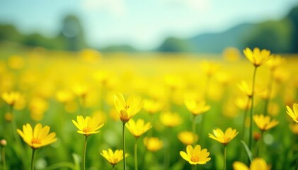 Obraz premium Soothing yellow flowers sway in gentle summer breeze, flowers fields, serene