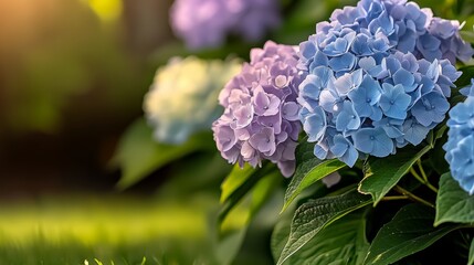Fototapeta premium Bunch of blue and purple flowers are in a garden. The flowers are in full bloom and are surrounded by green leaves. The scene is peaceful and serene