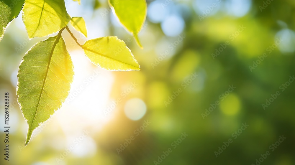 Poster vibrant green leaves illuminated by soft sunset light creating a serene natural scene : generative a