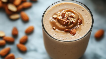 A close-up of an almond butter protein smoothie in a sleek glass tumbler, topped with a swirl of almond butter, subtle reflections, elegant food styling, soft natural lighting,