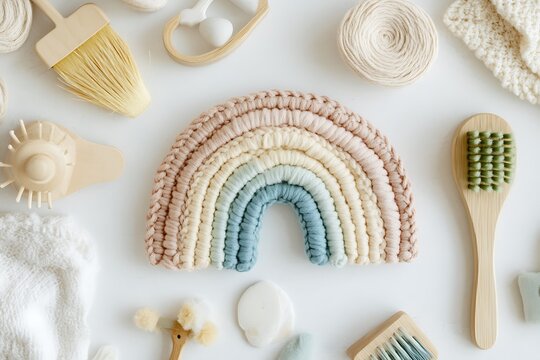 baby tend notion shot puts out neonate tools rainbow wool toy with ends oak rattle brush on hand mild quiet shades flat view good for infant gala  
