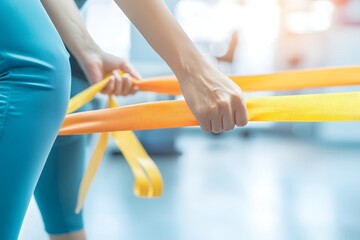 Fitness Resistance: Close-up shot of a woman, immersed in a focused moment of workout. she is holding resistance bands while exercising to strength her body.