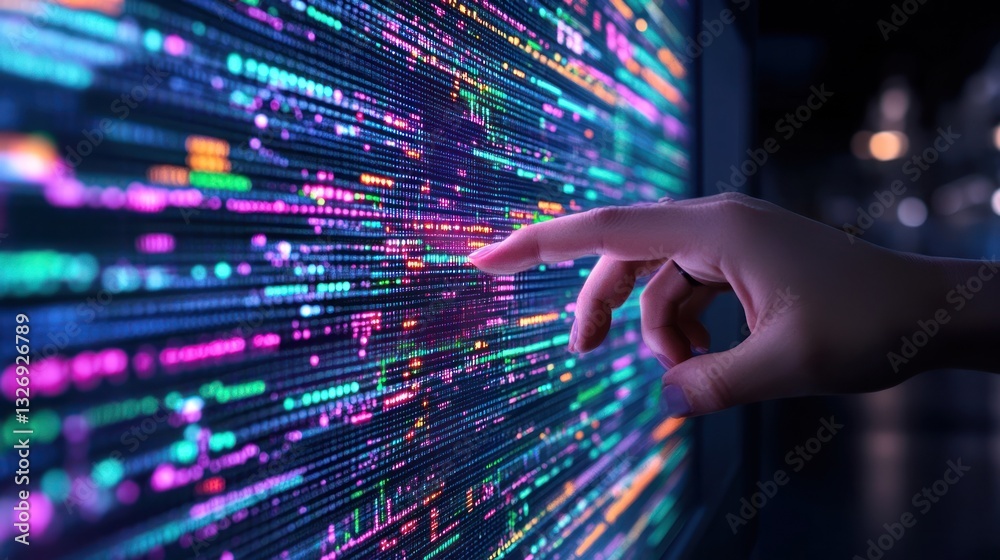 Wall mural digital interaction: a hand interacting with a flow of data
