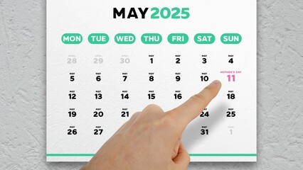 A male hand pointing finger to the date of Mother's Day 2025 highlighted on a wall calendar May page
