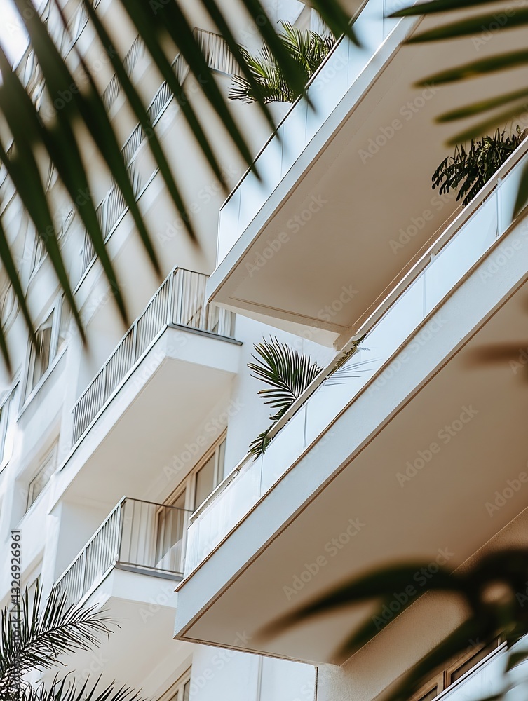 Poster modern residential building featuring balconies adorned with green palm leaves in a stylish setting 