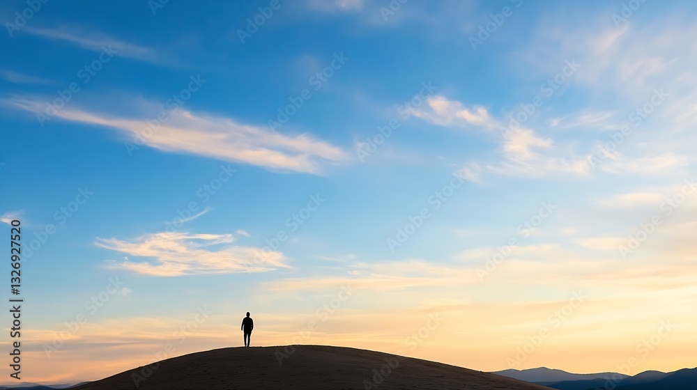 Poster silhouette of a person standing on a hilltop against a vibrant sunset sky with colorful clouds : gen