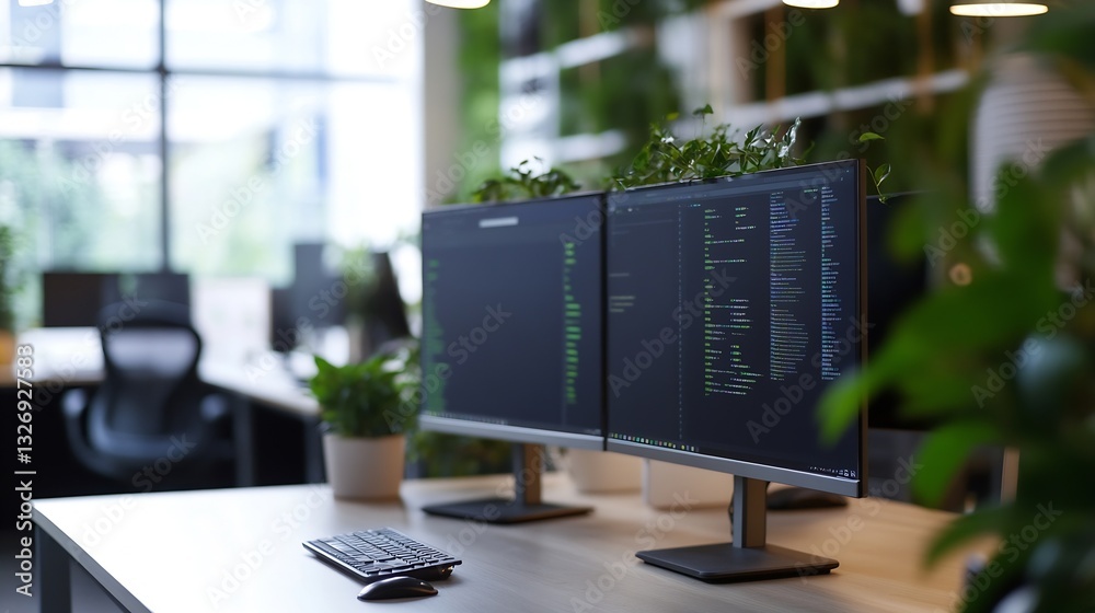 Poster Modern office workspace with dual monitors displaying code and greenery around for a productive environment : Generative AI
