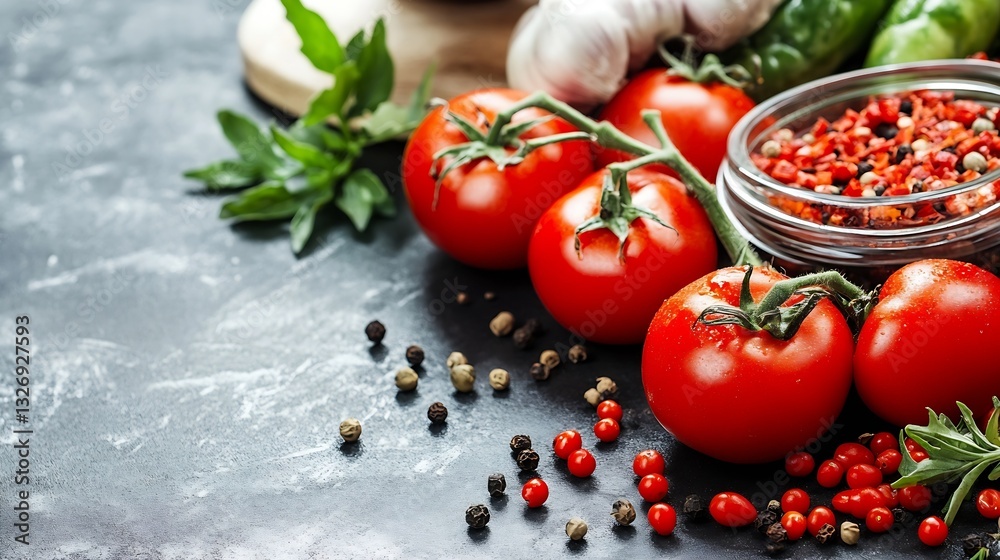 Poster fresh organic tomatoes and spices arranged artfully on a dark table showcasing vibrant colors and cu