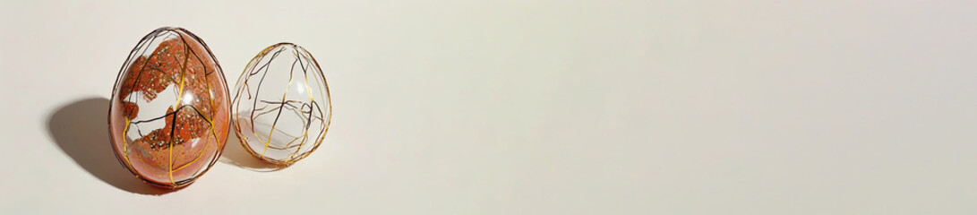 Two minimalistic Easter eggs with golden patterns on a light background