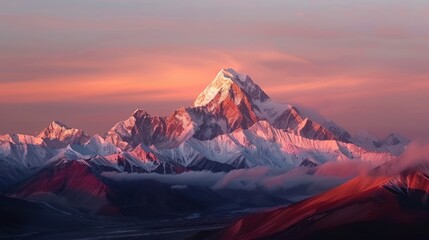 Majestic Sunrise Over Snow-Capped Mountain Peaks in Serene Landscape