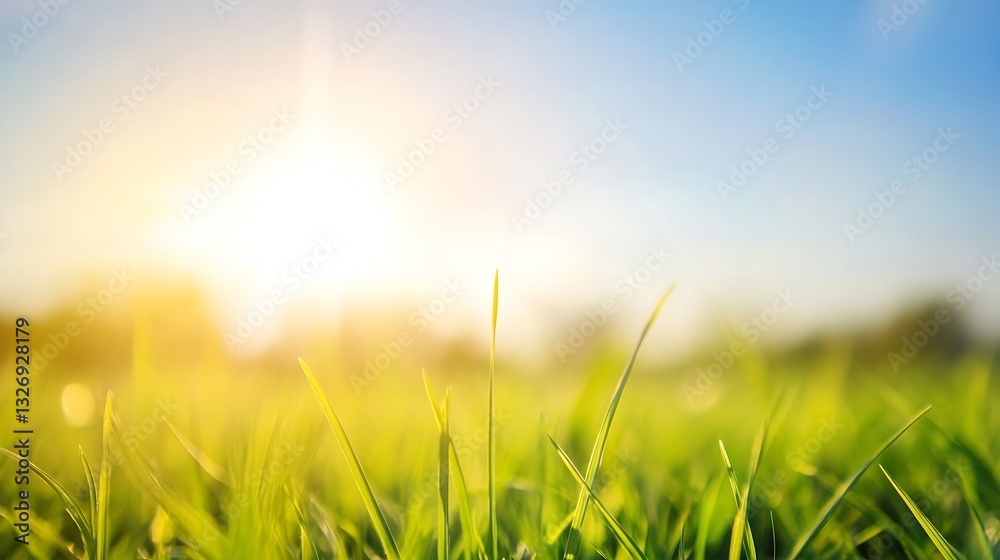 Poster vibrant green grass with sunlight shining through creating a warm and inviting outdoor atmosphere : 
