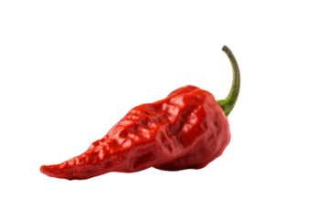 A whole Budai Csipos paprika with a natural split along the pod, isolated on white background