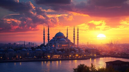 Fototapeta premium Sunset Panorama of City Mosque and Skyline