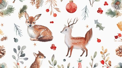 Watercolor Animal Stickers on White Background for Christmas Celebration Cards