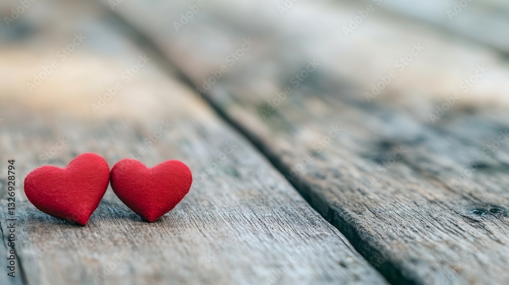 Poster Two Soft Red Heart Shapes on a Rustic Wooden Surface Symbolizing Love and Connection in a Cozy Environment : Generative AI
