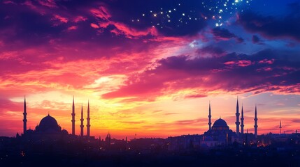 Fototapeta premium Sunset Silhouette of Mosques against Vibrant Sky