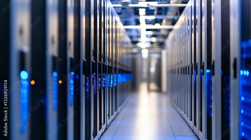 Poster Modern Data Center with Rows of Servers Illuminated in a HighTech Facility : Generative AI