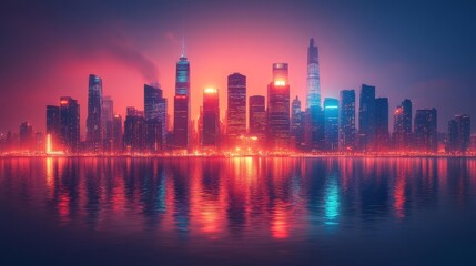 Fototapeta premium Futuristic Neon City Skyline with Glowing Reflections. Generative AI