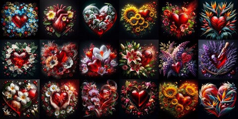 Glass heart with flowers on black background. AI generated illustration