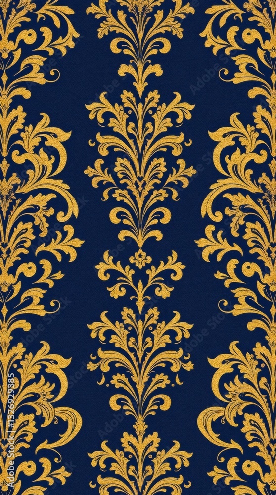 Poster an elegant damask pattern with gold floral details against a navy backdrop, creating a sense of luxu