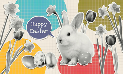 Happy Easter greetings collage cut out with halftone effect in pop art style. Easter trendy vintage sticker for card, banner, background.