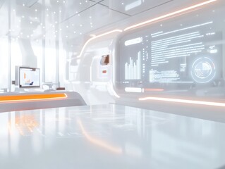 Sleek Futuristic Office Interior with Interactive Displays, Symbolizing Innovation and Technology. Perfect for Tech Companies, Websites, and Presentations.