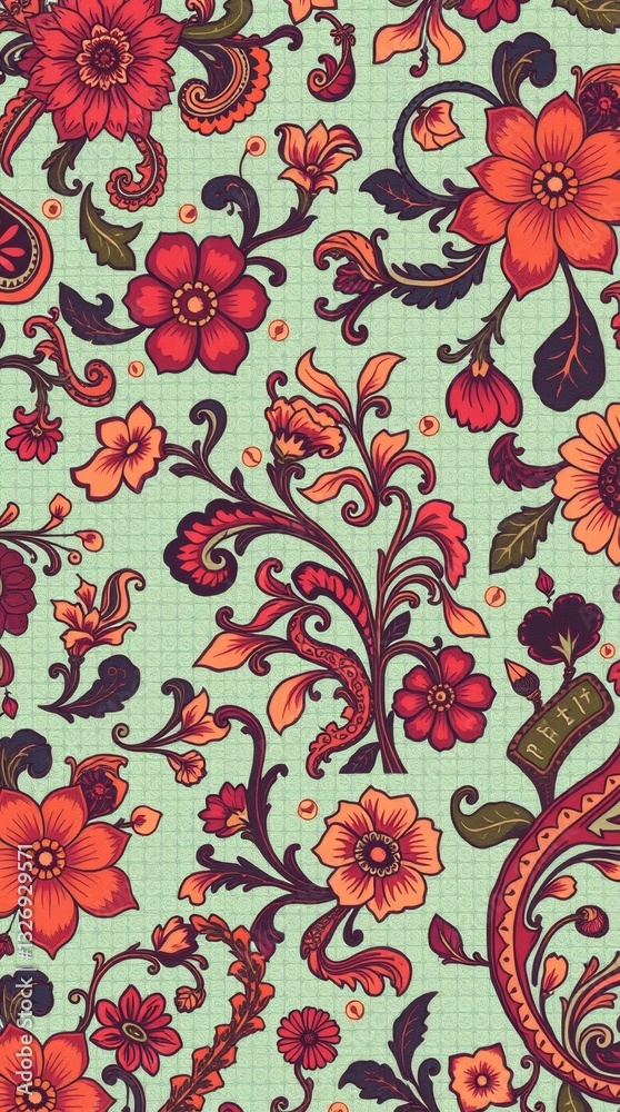 Poster a seamless pattern featuring floral design with orange and red flowers and detailed scrollwork again