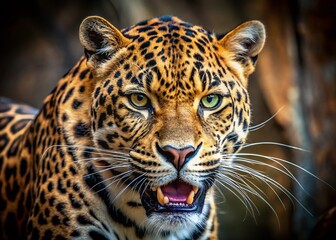 Obraz premium Furious Leopard: Powerful Close-Up of an Angry Big Cat with Copy Space for Text