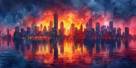 Watercolor City Skyline Illustration of Famous Buildings and Silhouette with Hand Drawn Doodle Elements in Colorful Clean Lines