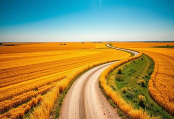 High-angle view of a country road winding through vast, golden fields, nature, route