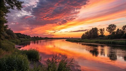 Obraz premium Vibrant Sunset Over Calm River Tranquil Landscape Scenic Nature Photography Evening Serenity Peaceful Waterscape
