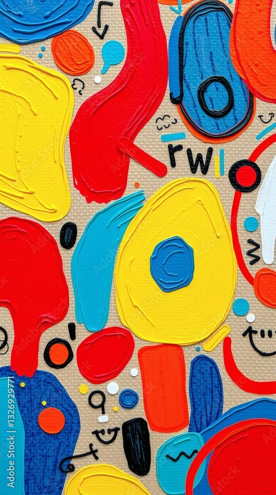 Poster a vibrant and playful abstract art piece with dynamic shapes and bright colors, showcasing a creativ