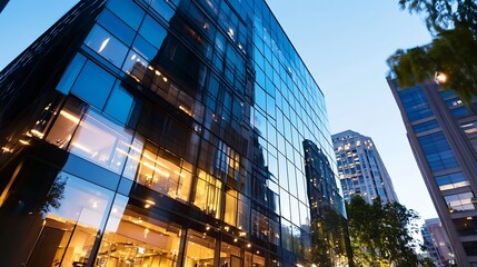 Modern glass building reflecting city lights and skyline at dusk in an urban setting : Generative AI