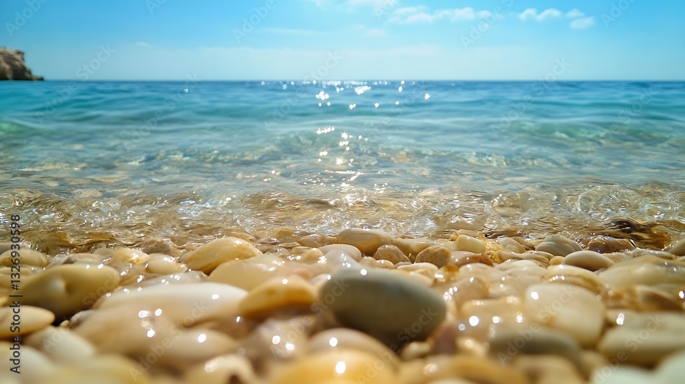 Poster Crystal clear water gently lapping on a rocky beach adorned with smooth pebbles and shells : Generative AI