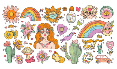 Colorful Psychedelic Hippie Doodle Vector with Flowers, Peace, and Retro Vibes