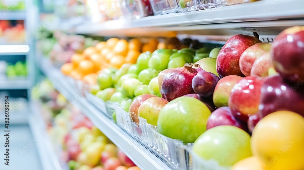 Poster Fresh colorful assortment of apples oranges and green fruits displayed on supermarket shelves : Generative AI