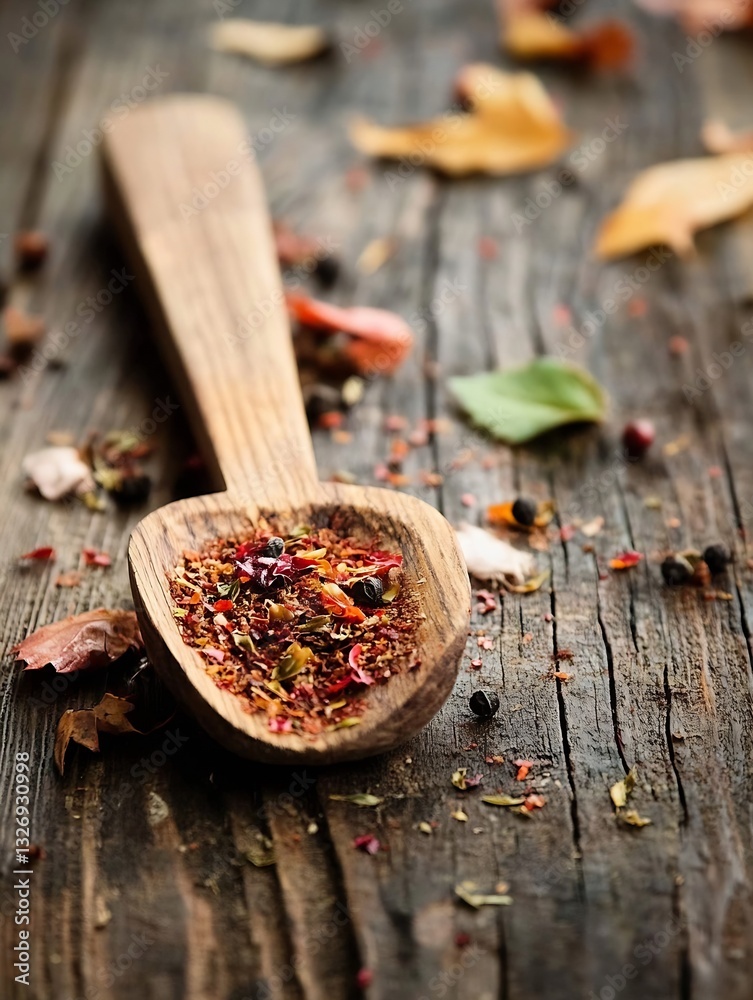 Poster Wooden Spoon Filled with Colorful Aromatic Spices on Rustic Table Background : Generative AI