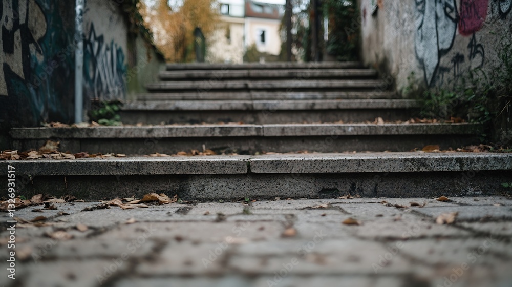 Aufkleber staircase surrounded by graffiti and autumn leaves in a quiet urban setting : generative ai