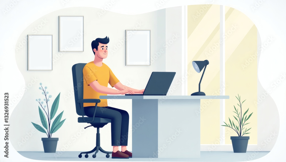 Poster a person sitting at a desk using a laptop computer in a modern office setting