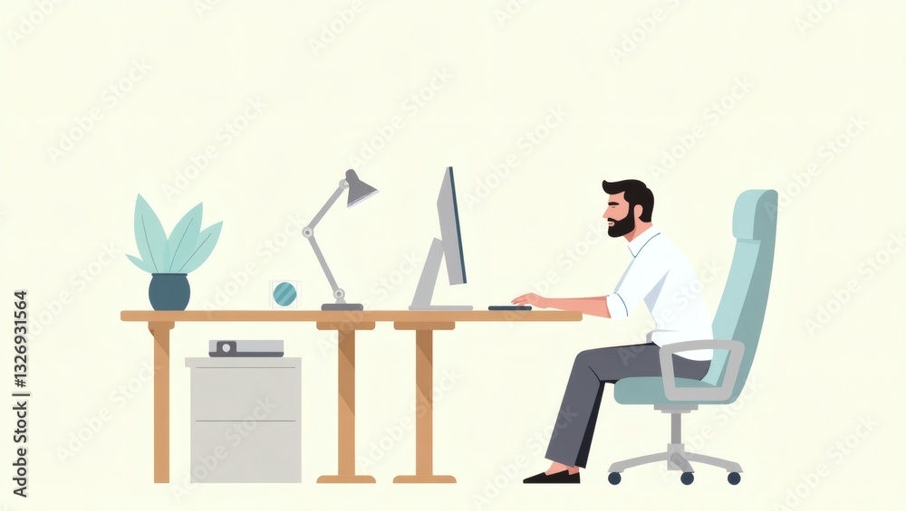 Aufkleber a man sitting at a desk, focused on his computer screen. the office setting includes a desk, chair, 