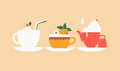 Minimalist Tea and Dessert Illustration with Cupcakes and Teapot in SVG Vector Art