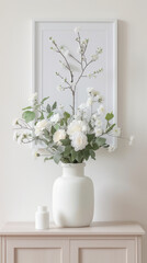 Elegant white floral arrangement in vase with minimalist decor on wooden table