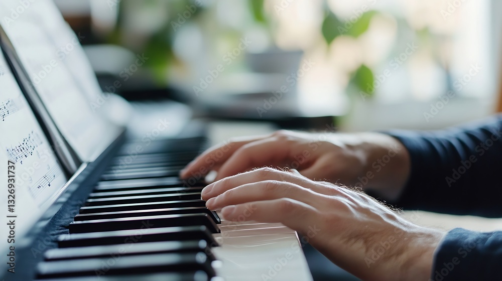 Aufkleber close up of hands playing piano keys showing musical expression and creativity : generative ai