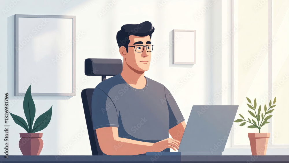 Poster a man working on laptop in his office with a bright and modern design. he appears focused and engage