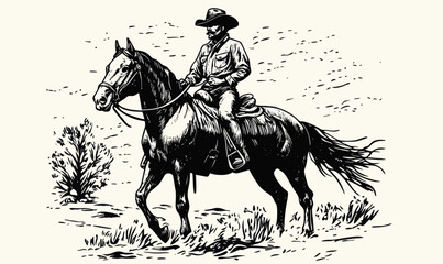 Fototapeta premium Rustic Cowboy on Horseback Vector Illustration Engraving Style