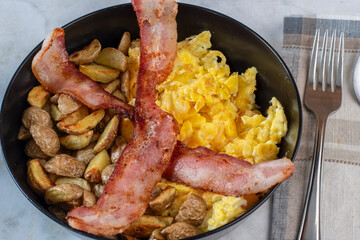  scramble egg served with  home fries and bacon