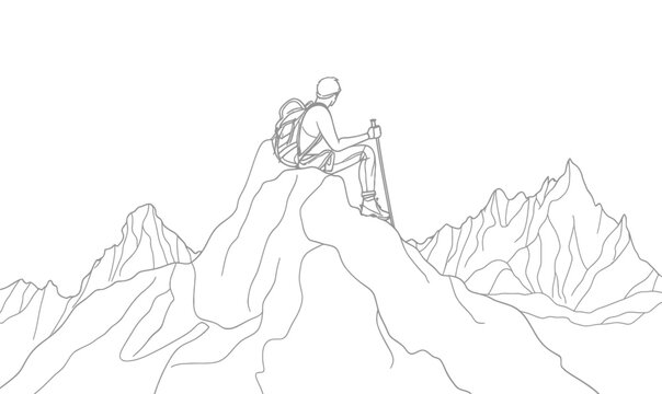 Minimalist Line Art of Mountain Explorer with Backpack and Trekking Poles on Summit